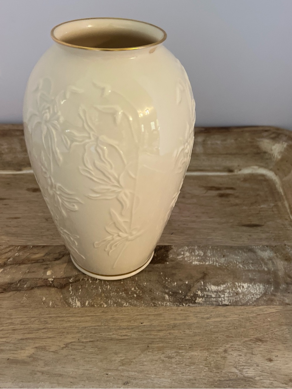 Lenox Cream Embossed Floral Ceramic Vase with Gold Rim